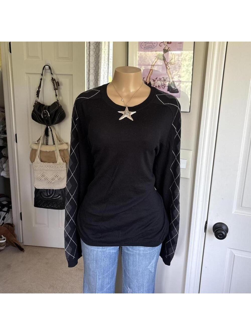 y2k 2000s black argyle merino wool knit lightweight sweater